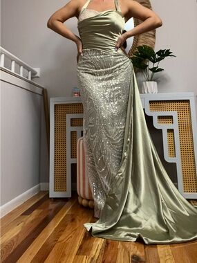 Sage Satin & Sequin Maxi Dress with Draped Train